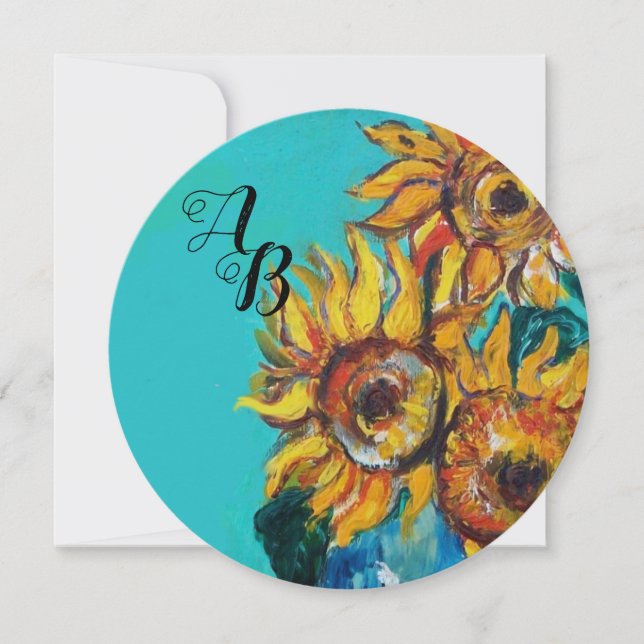 SUNFLÖDEN I BLUE TURQUOISE SOMMER PARTY MONOGRAM INBJUDNINGAR (Framsida)