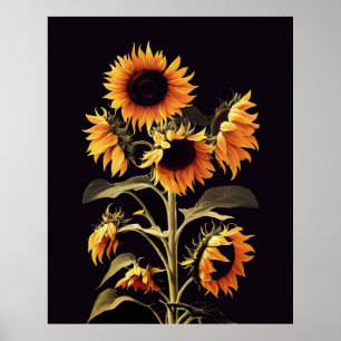 SUNFLÖDEN MED GRÖNT LÖV I SVART POSTER