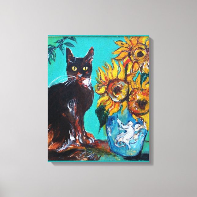 SUNFLÖDEN MED SVART KAT I BLÅSOVK CANVASTRYCK (Framsida)