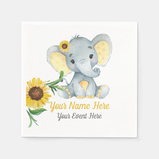 Sunflow Elephant Girl Napkins Baby Shower Birthday Pappersservett (Framsidan)