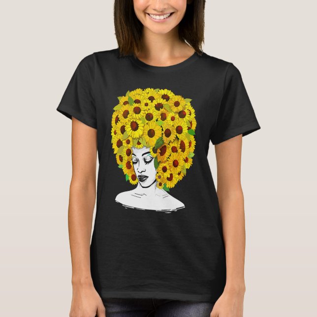 Sunflower Afro Women Black Queen African American  T Shirt (Framsida)