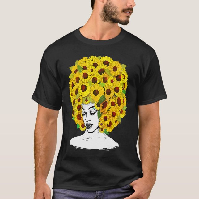 Sunflower Afro Women Black Queen African American  T Shirt (Framsida)