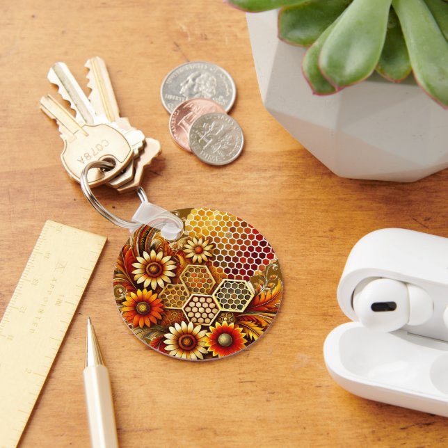 Sunflower and Honeycomb Design Keychain Nyckelring (Skrivbord)