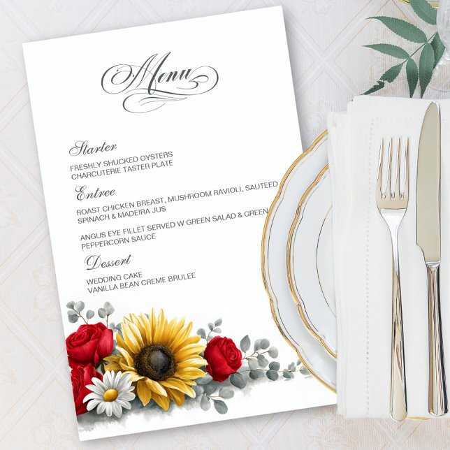 Sunflower and Red Rose Floral Wedding Menu (Skapare uppladdad)
