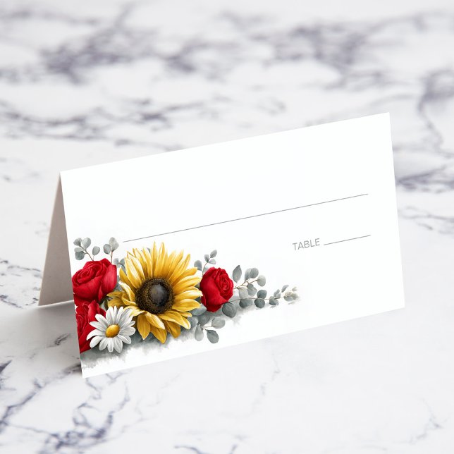 Sunflower and Red Rose Floral Wedding Place Card Placeringskort (Skapare uppladdad)