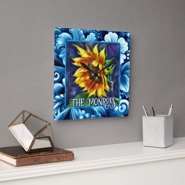 Sunflower at Night Flower Floral Personalized Fyrkantig Klocka (Kontor)
