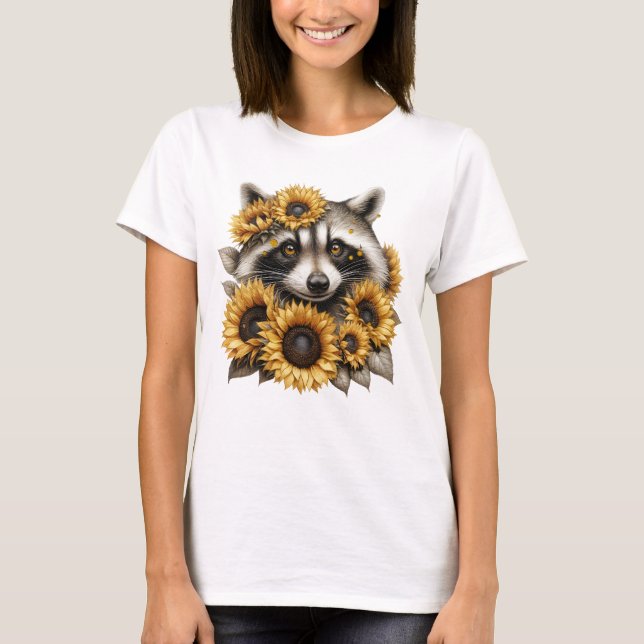 Sunflower Bandit – Cute Raccoon Woodland T Shirt (Framsida)