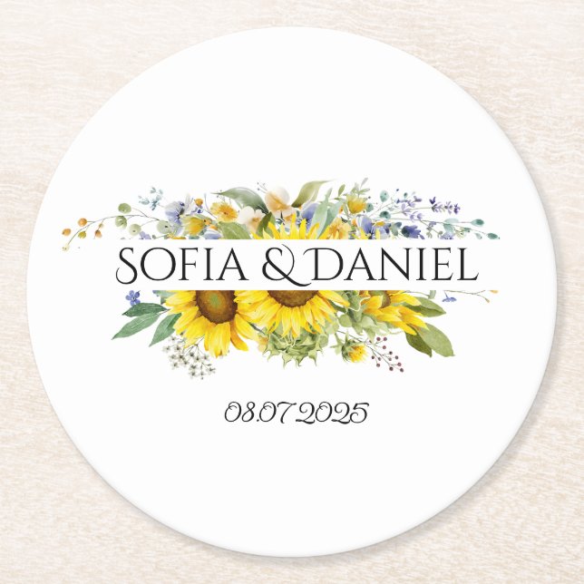 Sunflower blue wildflower wedding white underlägg papper rund (Framsidan)