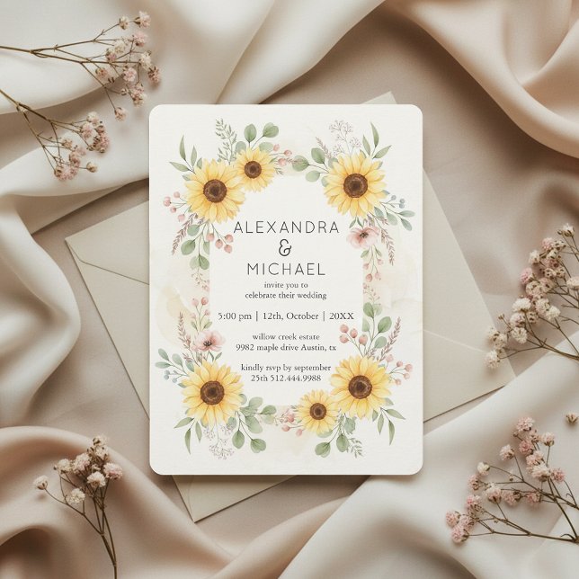 Sunflower Botanical Rustic Wedding Invitation Inbjudningar (elegant rustic florals)