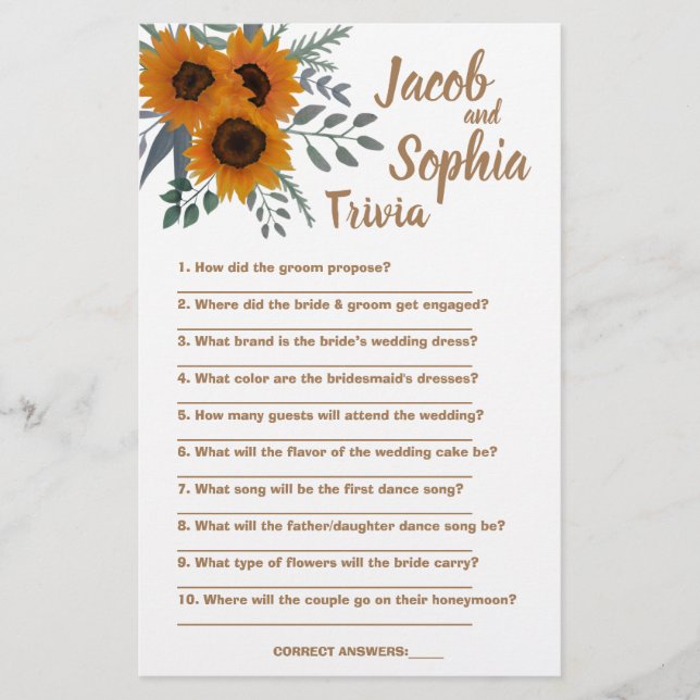 SUNFLOWER BRIDE & GROOM TRIVIA SHOWER GAME CARD FLYGBLAD (Framsidan)