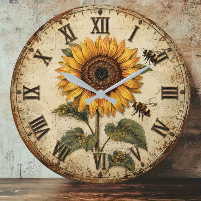 Sunflower & Bumble Bee Rustic Farmhouse Stor Klocka (Skapare uppladdad)
