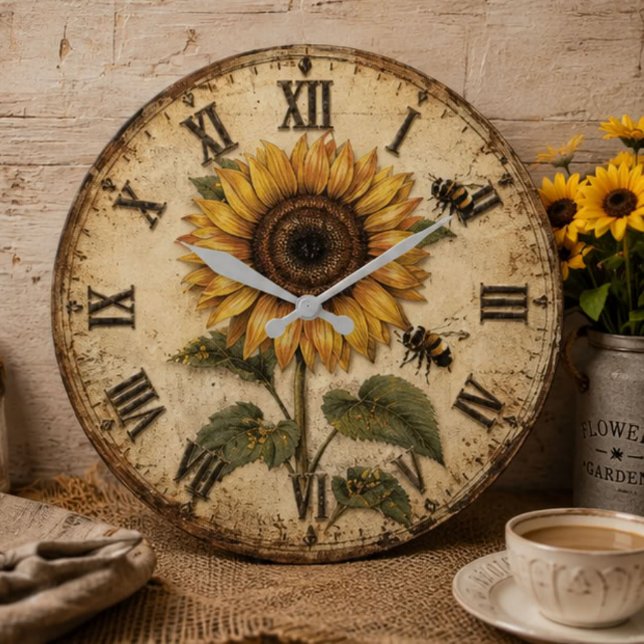 Sunflower & Bumble Bee Rustic Farmhouse Stor Klocka (Skapare uppladdad)