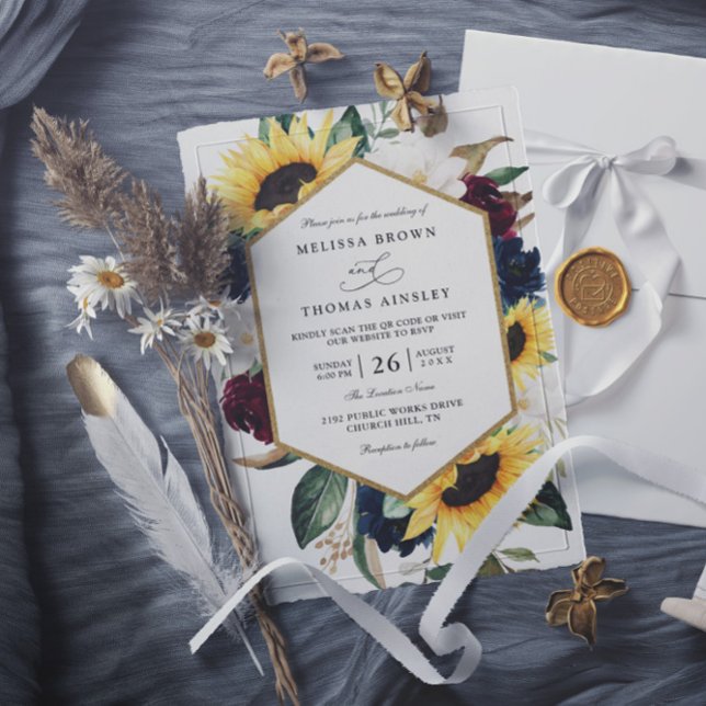 Sunflower Burgundy Navy Blue QR Code Wedding Inbjudningar (Skapare uppladdad)