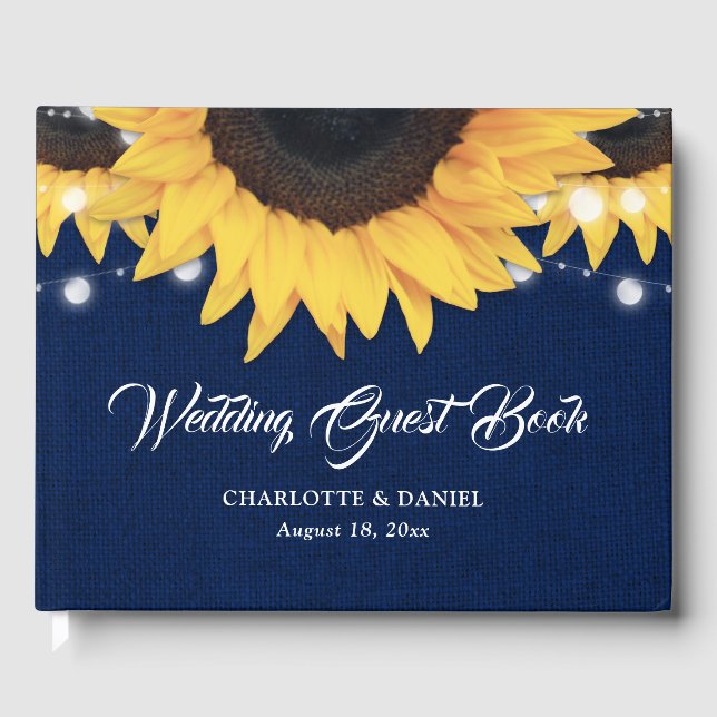Sunflower Burlap String Lights Navy Blue Wedding Gästböcker (Framsida)