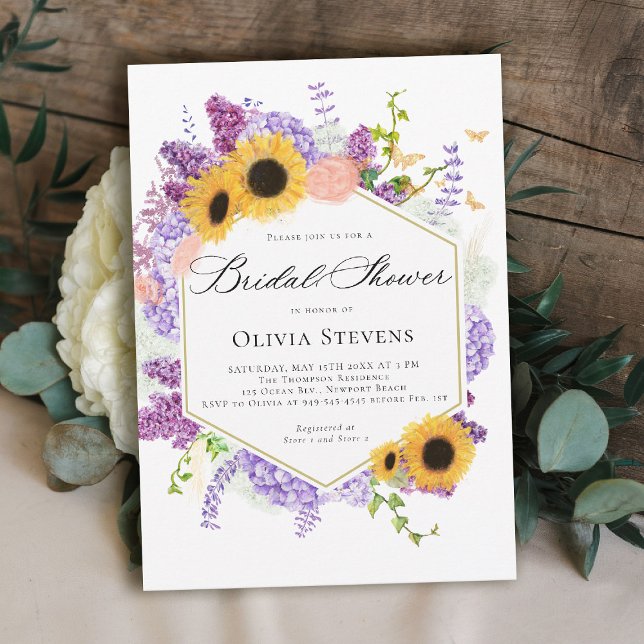 Sunflower Butterflies Lilac Hexagon Bridal Shower Inbjudningar (rustic bridal shower invitation sunflower lilac butterflies boho romantic elegant hexagon)