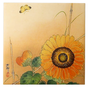 SUNFLOWER,BUTTERFLY,GRÖNT LÖV Japansk Blommigt Kakelplatta