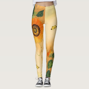 SUNFLOWER,BUTTERFLY,GRÖNT LÖV Japansk Blommigt Leggings