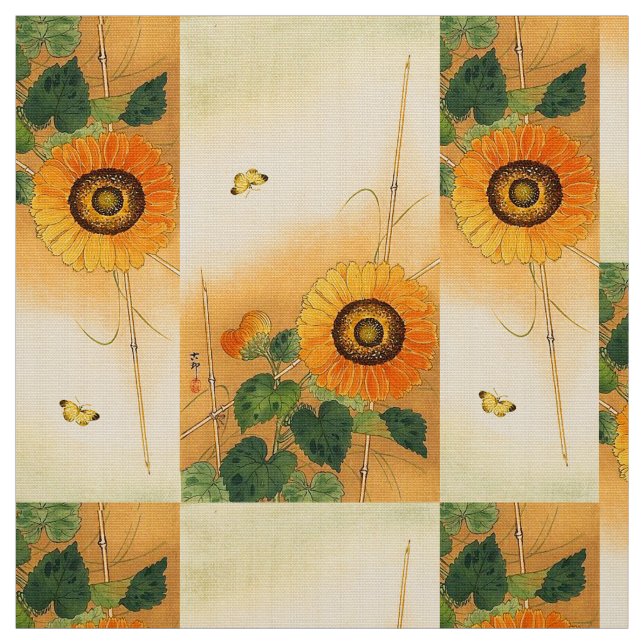 SUNFLOWER,BUTTERFLY,GRÖNT LÖV Japansk Blommigt Tyg (Provkarta)