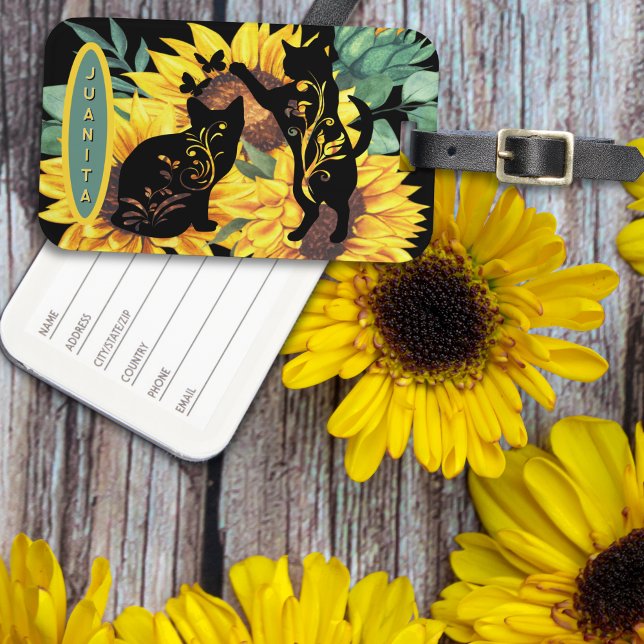 Sunflower Cats – Akvarell Blommig Konst Bagage Tag Bagagebricka (Skapare uppladdad)