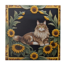 Sunflower Cats - MaineCoon Cat & Yellow Sunflowers Kakelplatta