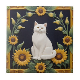 Sunflower Cats - White Cat & Yellow Sunflowers Kakelplatta