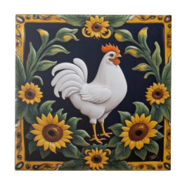 Sunflower Chicken - White Hen & Yellow Sunflowers Kakelplatta