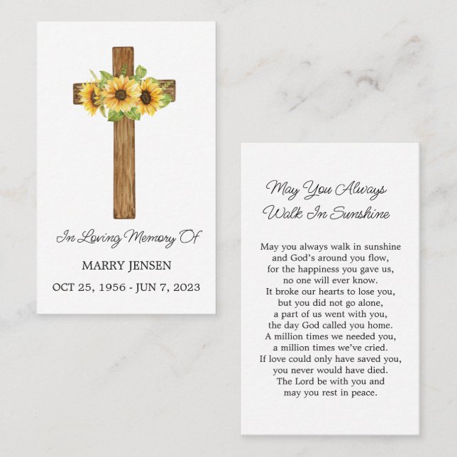 Sunflower Cross Memorial Funeral Prayer Card Visitkort (Fram/baksida)