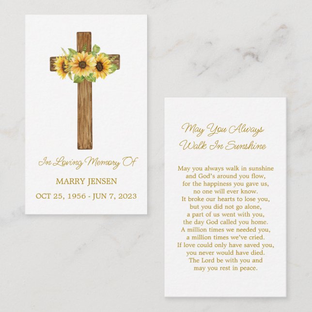 Sunflower Cross Memorial Funeral Prayer Card Visitkort (Fram/baksida)
