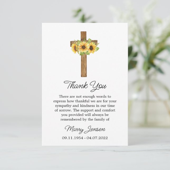 Sunflower Cross Sympathy Thank You Card Tack Kort (Stående Fram)