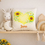 Sunflower Daisy Heart Name Nursery Art Kudde<br><div class="desc">A soft watercolor floral design featuring sunflowers and white daisies forming a warm yellow heart. This charming botanical artwork creates a gentle and cheerful nursery atmosphere. Perfect for baby room decor, spring nursery themes, and floral nursery styles. The soft pastel tones and playful flowers add a cozy, nature-inspired touch that...</div>
