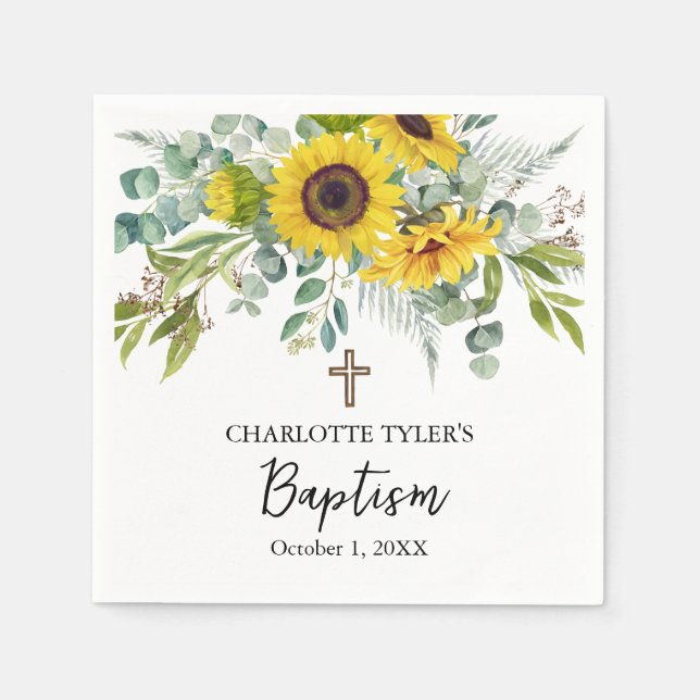 Sunflower & Eucalyptus Boho Cross Baptism Pappersservett (Framsidan)