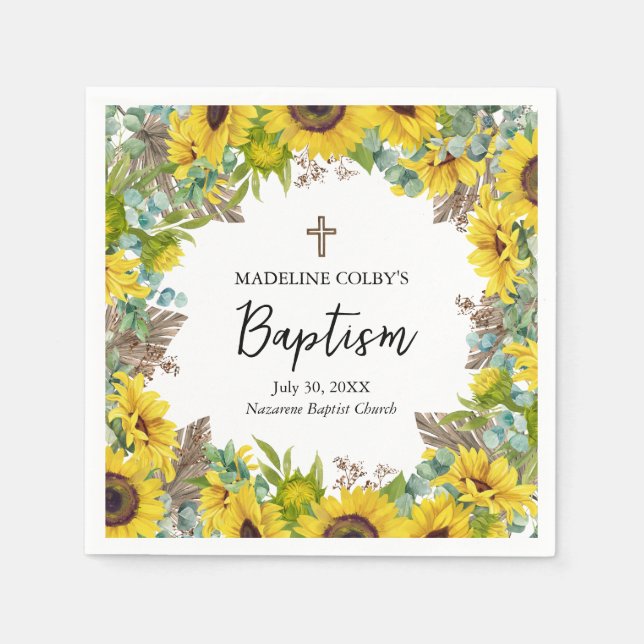 Sunflower Eucalyptus Palm Boho Square Baptism Pappersservett (Framsidan)