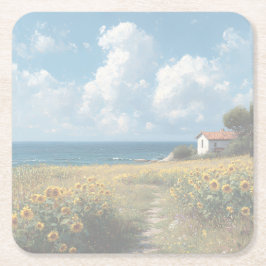 Sunflower Field Path to the Sea | Acrylic Underlägg Papper Kvadrat