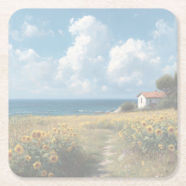 Sunflower Field Path to the Sea | Acrylic   Underlägg Papper Kvadrat (Framsidan)