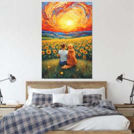 Sunflower Field Sunset Dog and Girl Art Canvastryck