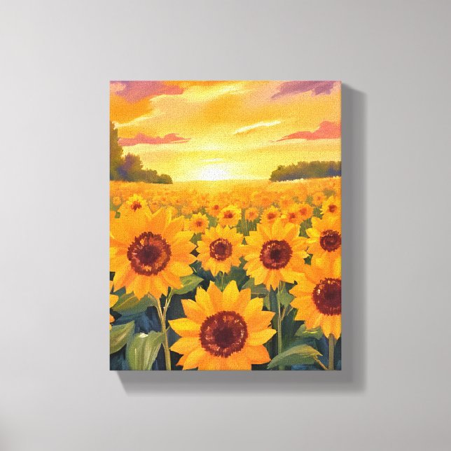 Sunflower Field Sunset Landscape Painting Canvastryck (Framsida)