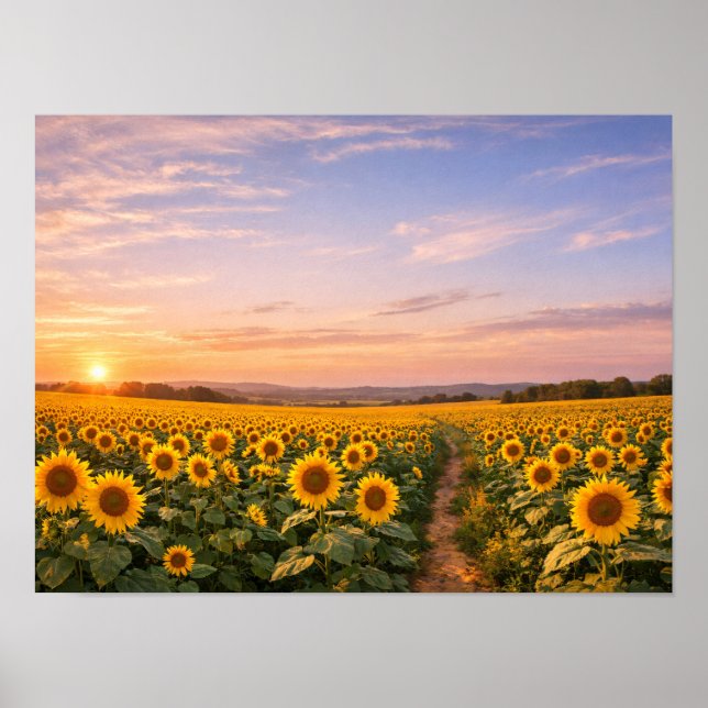 Sunflower Field Sunset Landscape Poster (Framsidan)