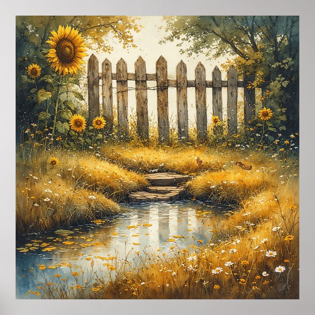 Sunflower Field With Rustic Fence Poster (Framsidan)
