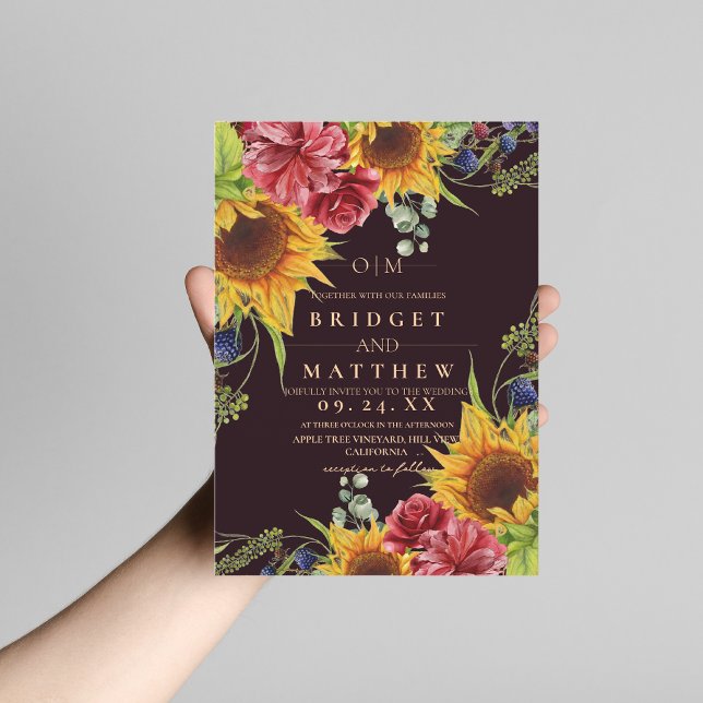  Sunflower Floral Maroon Wedding Invitation Inbjudningar (Skapare uppladdad)