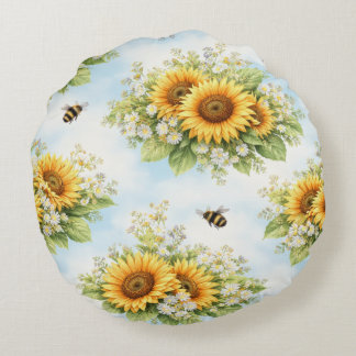 Sunflower Floral Round Cushion Rund Kudde