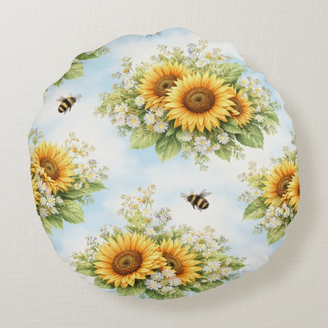 Sunflower Floral Round Cushion Rund Kudde (Baksidan)