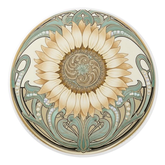 Sunflower Flower Green Cream Gold Art Deco Nouveau Knopp (Framsidan)
