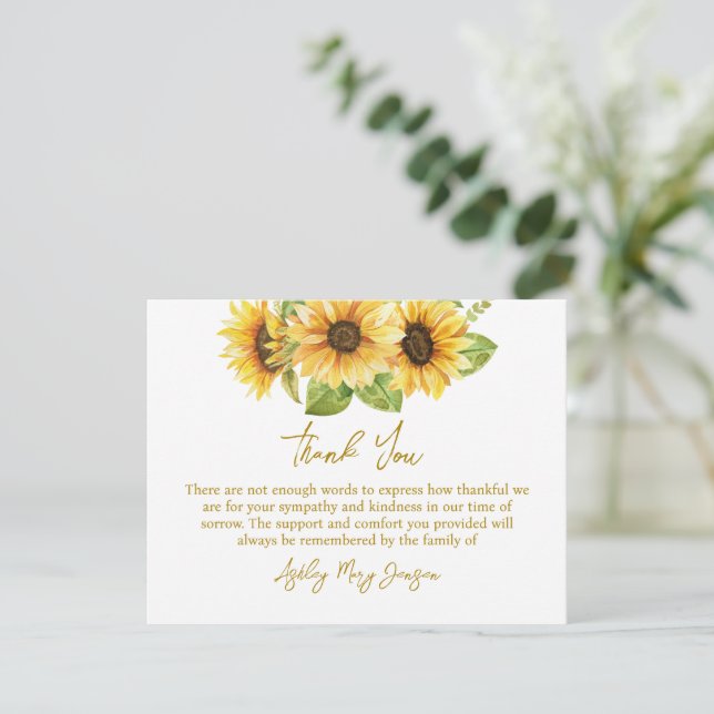 Sunflower Funeral Thank You Note Card Bereavement Tack Kort (Stående Fram)