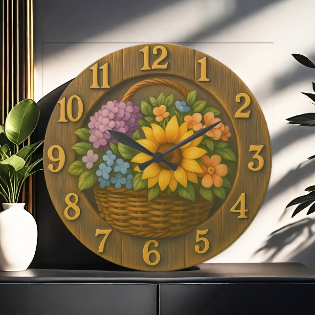 Sunflower Garden Basket Wooden Wall Clock Stor Klocka (Skapare uppladdad)