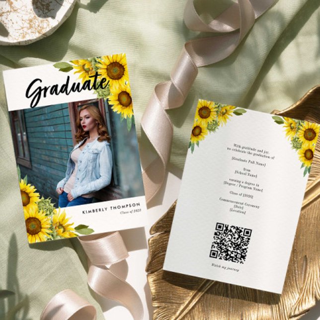Sunflower Graduation Photo Rustic Floral QR Code Inbjudningar (Skapare uppladdad)