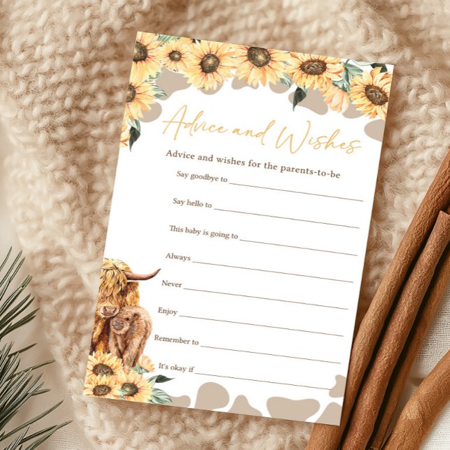 Sunflower Highland Ko Advice and Wishes Spel (Summer Holy Cow Baby Shower Advice and Wishes Game)