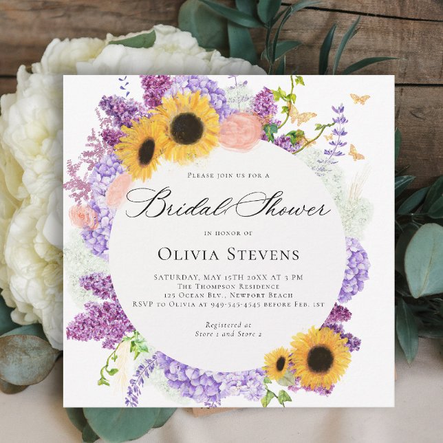 Sunflower Lilac Butterflies Floral Bridal Shower Inbjudningar (bridal shower invitation sunflowers lilac butterflies boho romantic purple gold pink)