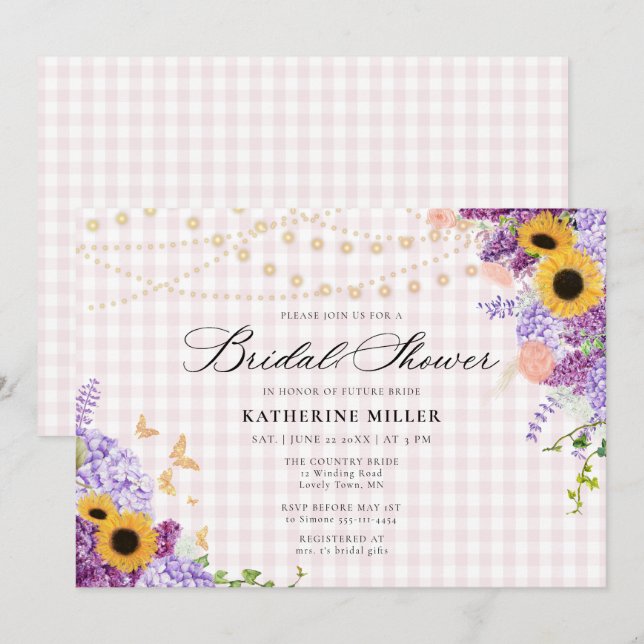 Sunflower Lilac Pink Gingham Rustic Bridal Shower Inbjudningar (Fram/baksida)