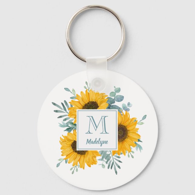Sunflower Monogram Name Personalized Floral Nyckelring (Framsida)