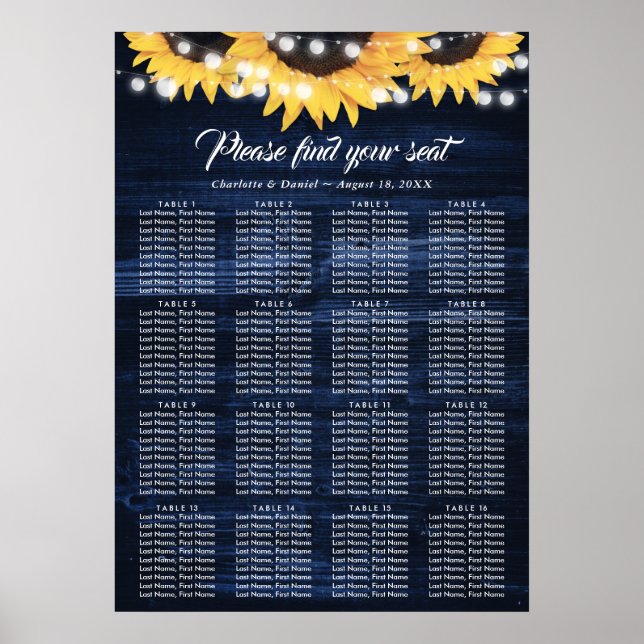 Sunflower Navy Blue Wedding Seating Chart 16 Poster (Framsidan)
